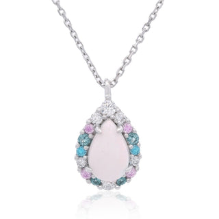 Teardrop-shaped pendant with pink center and colorful gemstones on a white background
