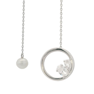 Silver necklace with a round pendant and a pearl on a white background