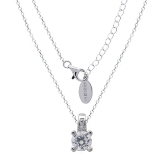 Silver necklace with a diamond pendant on a white background