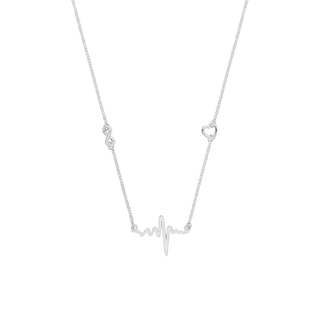silver necklace with an infity sign, heart beat and open heart