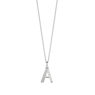 A silver pendant and chain featuring the letter 'A' with cubic zirconia embellishments.