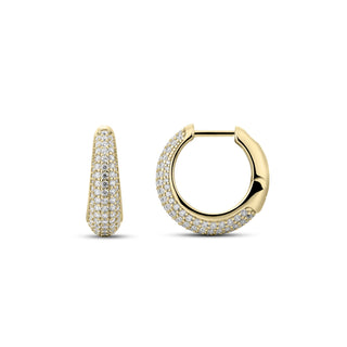 Gold hoop earrings with embedded diamonds on a white background
