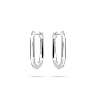 Pair of gisser silver rectangular shaped hoop earrings on a white background