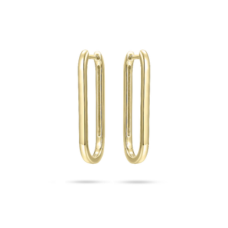 Gold plated silver rectangualr shaped hoop earrings on a white background