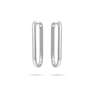 Pair of silver long rectangular shaped hoop earrings on a white background