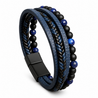 A multi-strand men's bracelet featuring a textured blue leather band, braided black and blue cord, matte black beads, and polished blue lapis lazuli stones, secured with a black magnetic clasp on a white background