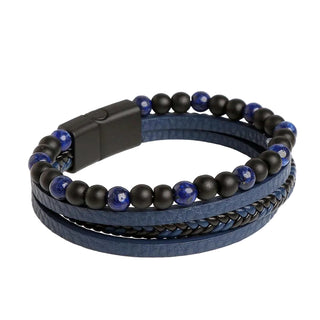 Blue and black beaded bracelet with braided design on a white background