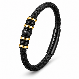Lattice Bar Black and Gold Bead Braided Leather Bracelet