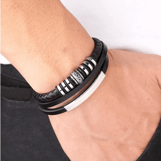 Stainless Steel 3 Layer Viking Leather Bracelet