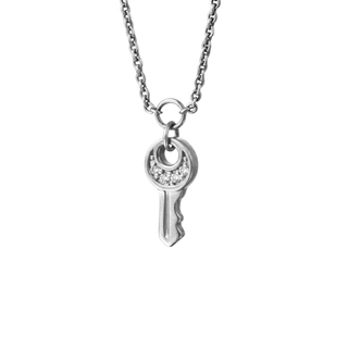 Silver key-shaped pendant with chain on a white background