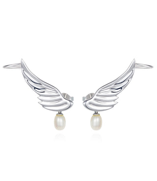 Silver Lyra Wing Pearl Ear Climbers