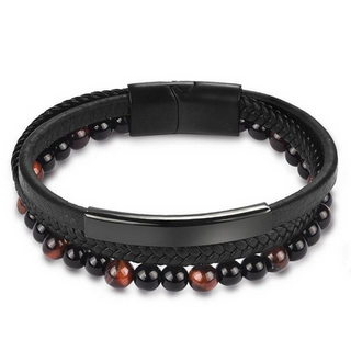 Black 3 Row Leather & Tigers Eye Bracelet