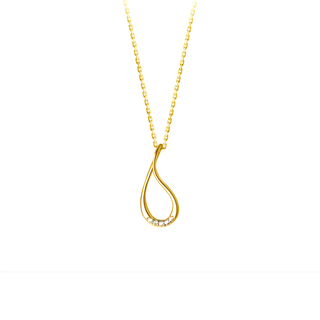 Gold necklace with a teardrop-shaped pendant on a white background