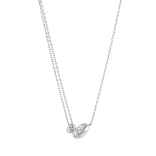 A silver necklace with a twisted wave mini pendant on a white background.