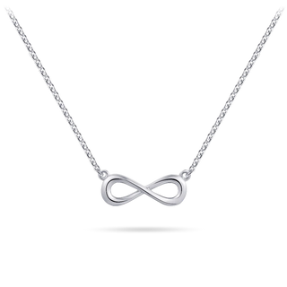 A silver infinity necklace with a rhodium plating, displayed against a black background.