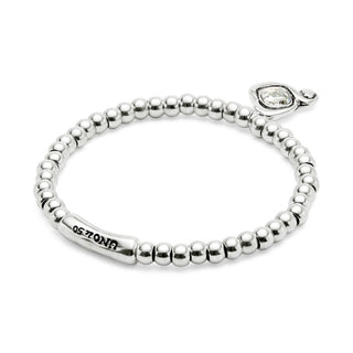 Silver beaded bracelet with a clasp on a white background