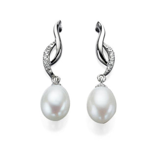 Silver Pearl CZ Twist Drop Earrings