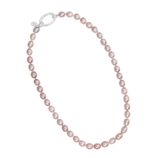 A pink freshwater cultured pearl necklace with a sterling silver clasp.