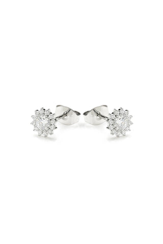 Pair of silver cluster stud earrings with clear gemstones on a white background