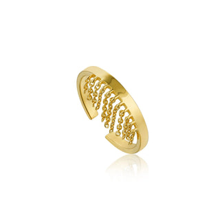 Gold ring with chain design on a white background