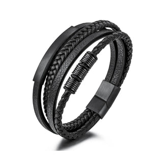 A multi-strand black leather wrap bracelet with braided and smooth woven layers, a black metal spring clasp, and a matte black rectangular connector, shown on a white background.