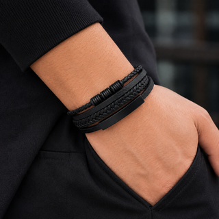 Ribbed Bead and Black Leather Multi-Strand Bracelet