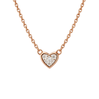Rose gold necklace with a heart-shaped diamond pendant on a white background