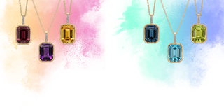 Set of colorful gemstone pendants on necklaces against a watercolor background