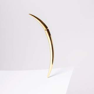 Gold earring resembling a stylized animal horn on a light gray background