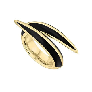 Gold ring with a black crossover spike enamel design on a white background
