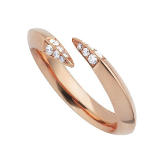 Rose gold ring with embedded diamonds on a white background