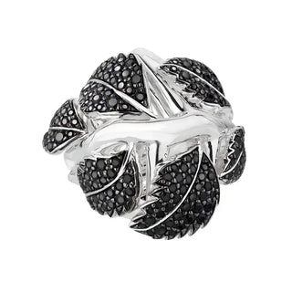A sterling silver ring with black spinel accents, designed in the shape of a leaf, with intricate detailing and a polished finish.