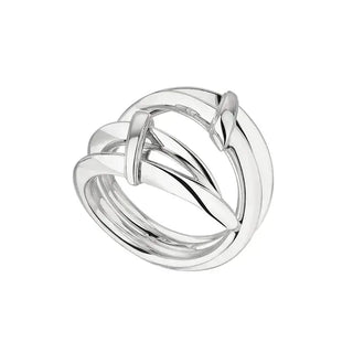 silver ring featuring two pointed bars twisting around joined together with a band