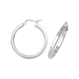 Pair of silver hoop earrings on a white background