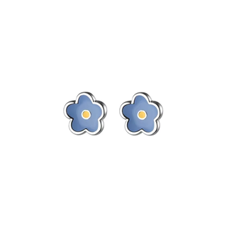 Pair of blue flower-shaped earrings on a white background