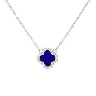 Silver Blue Lazurite CZ Clover Necklace