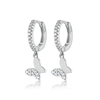Silver hoop earrings with butterfly-shaped charms on a white background