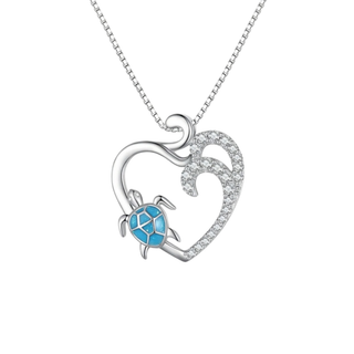 Silver CZ Wave Turtle Heart Necklace