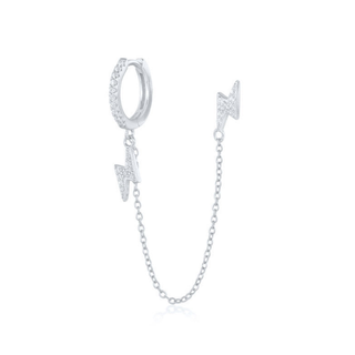 Silver lightning bolt earring with chain on a white background