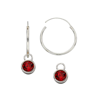 Silver 20mm Hoop Earrings with Red Crystal Charm Set