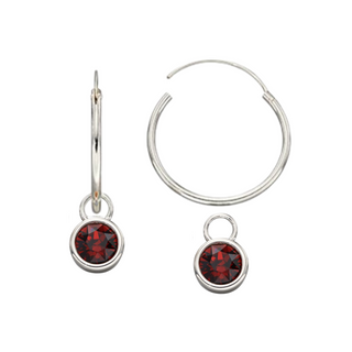 Silver Garnet Red Crystal Charm Hoop Earrings