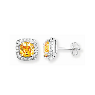 Silver Yellow CZ Halo Sqaure Stud Earrings