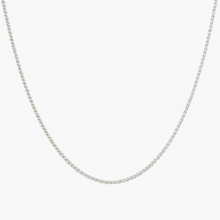 A silver-toned chain necklace with a classic curb link design, shown against a plain white background.
