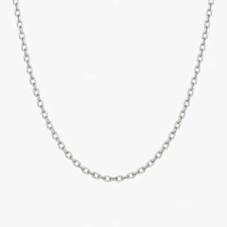 A silver-toned metal chain necklace displayed against a plain white background.