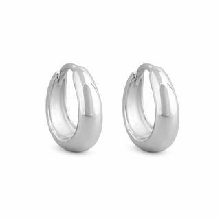 Pair of silver hoop earrings on a white background
