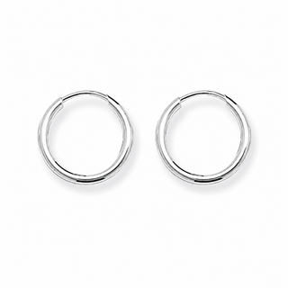 A pair of polished silver hoop earrings shown on a clean white background.