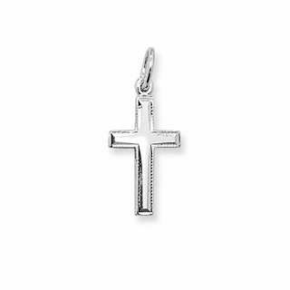 A polished silver cross pendant with a textured beaded border and a polished center, shown on a clean white background.