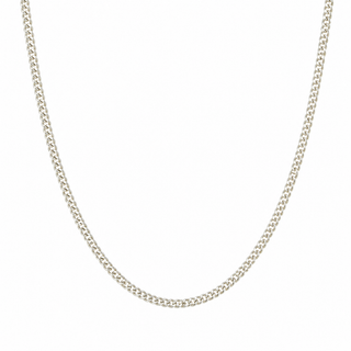 A silver-toned curb chain necklace displayed in a curved shape against a plain white background.