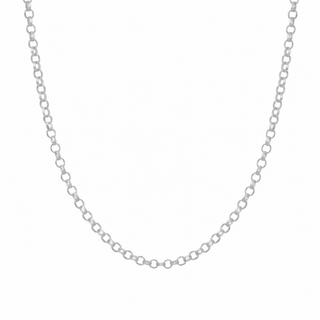 A silver-toned chain necklace with a repeating oval link pattern, shown against a plain white background.