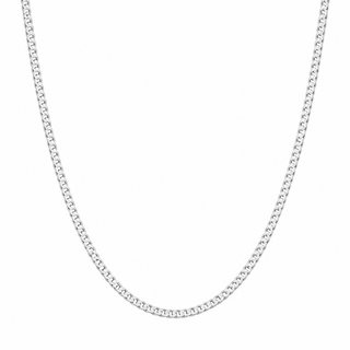 A silver-toned metal chain necklace with a classic curb link design, displayed in a curved U-shape against a solid white background.